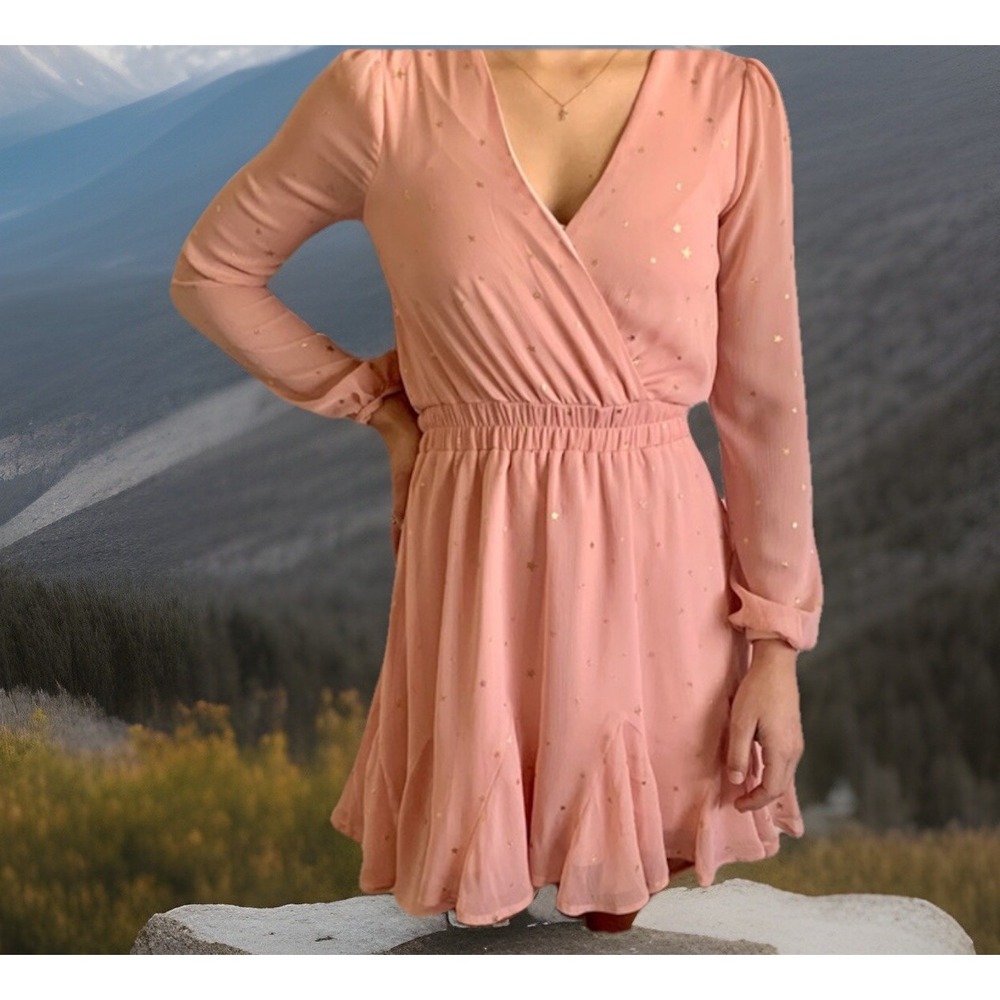 Chic Francesca's mi ami Sz S‎ W Gold Stars ⭐️ faux wrap long sleeves dress Sweet